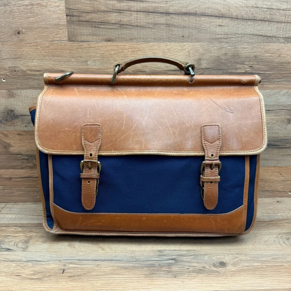 L.L. Bean Canvas Blue Travel Briefcase Shoulder Leather Dowel Rod Bag